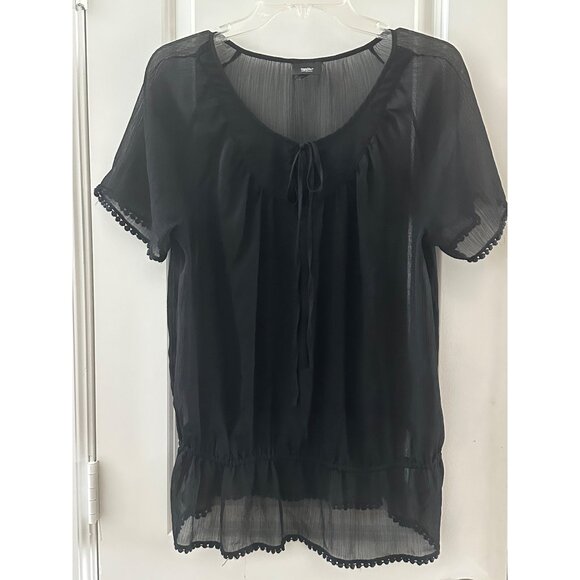 Mossimo Tops - Black Sheer Blouse With Tie Neck & Pom Pom Trim - Womens L